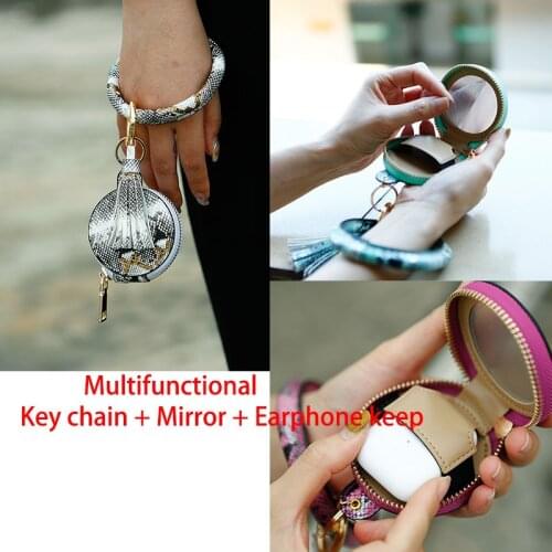 Ybollar Snake Print Wristlet Leather Keyrings Tassel Keychain Holder Women Girls With Mirror Earphone Holder Bag