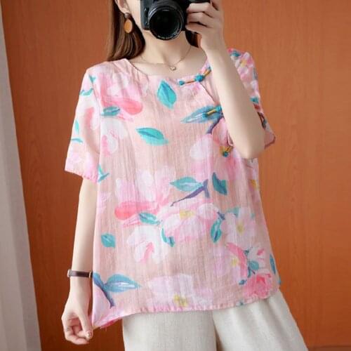 Women Cotton Linen Printed Casual Shirts New Arrival 2021 Summer Plus Size Women Top Blouses Comfortable Simple Tops S3218