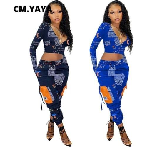 CM.YAYA 2 Piece Sets Women Full Sleeve V-neck Crop Tops Mid Waist Long Pants Pockets Letter Print Two Piece Set Spring Outfits
