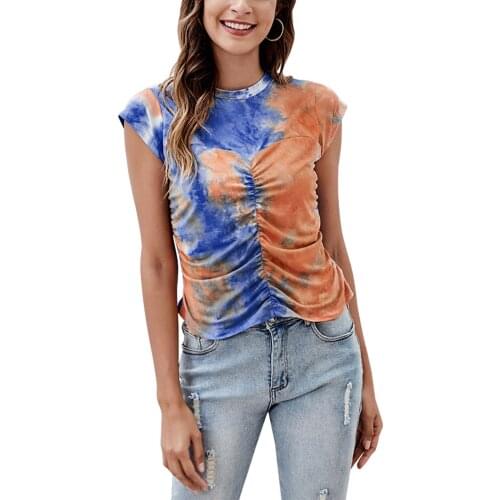 Summer Women Temperament Slim Top Ladies Leisure Style Tie-dye Mixed Color Ruched Decoration Short Sleeve Round Collar T-shirt