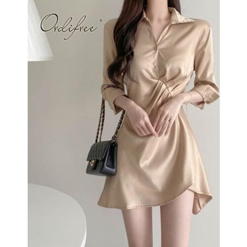 Ordifree 2021 Summer Women Satin Party Dress Vintage Elegant Lady Asymmetrical Short Black Sexy Silk Dress