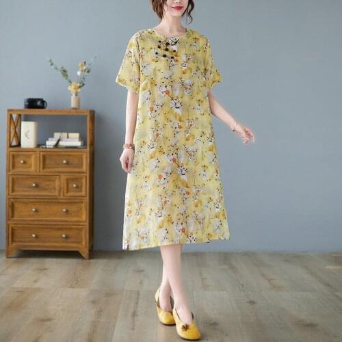 Women Cotton Linen Casual Dress New Arrival 2021 Summer Chinese Style Vintage Print Loose Ladies A-line Long Dresses B241