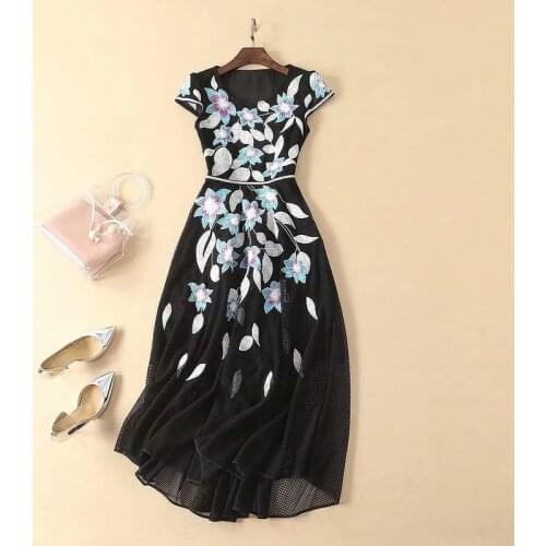 2021 Spring Summer Dress Knee Length Short Sleeve Empire Crew Neck Flora Print Fashion Dress Embroidery Black