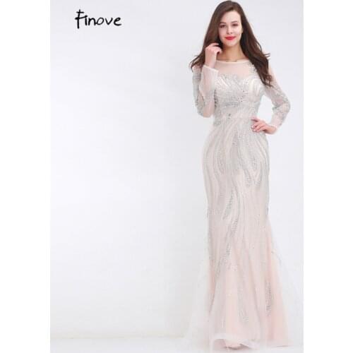 Finove 2020 New Evening Dresses See-Through Tulle Beading Floor Length Long Dresses for Women Elegant Dress Party Gown Plus Size