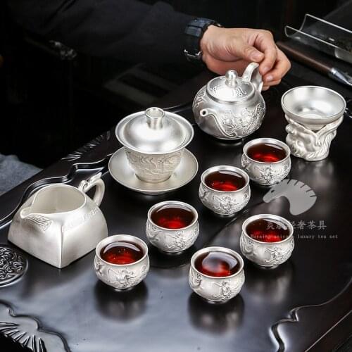 Sterling Silver Tea Set Kung Fu Tea Set Teapot Silver Gilded Handmade High-End Office Full Silver Gift
