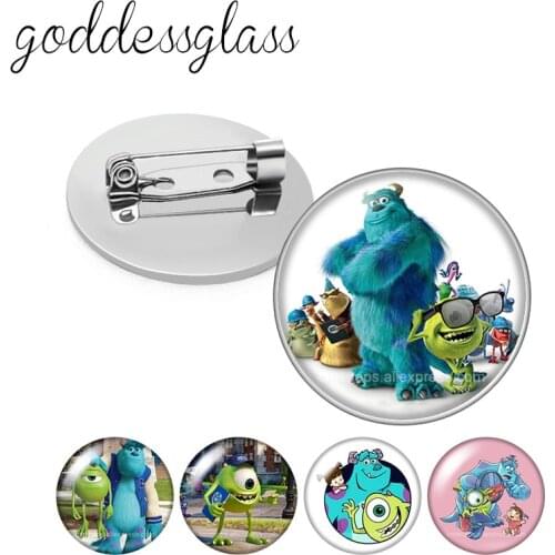 Disney Monsters inc Mike James Cute Round Glass cabochon Silver color Brooch Dome Photo Jewelry Brooches Pin For Gift