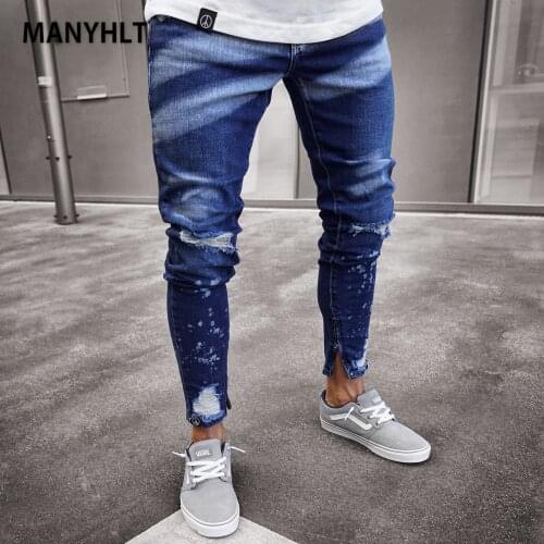 European And American New Skinny Jeans Mens Feet Pants Zipper Personality Slim Feet Pants Knee Holes Fashion Casual Trousers