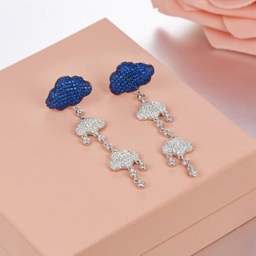 Hot New Fine Jewelry S925 Sterling Silver Earring Cubic Zirconia Long Tassel Blue Three Clouds Rain Design Drop Earring