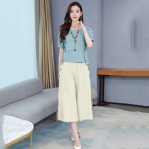 2021 Summer New Fashion Loose Cotton Linen Wide-leg Pants Suit Womens Casual Large Size Linen Comfortable tTwo-piece Suit s304
