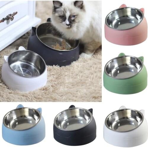 Cat Dog Bowl 15 Degrees Raised Stainless Steel Cat Bowls Safeguard Neck Puppy Cat Feeder Non-slip Crash Elevated Cats Food Bowl