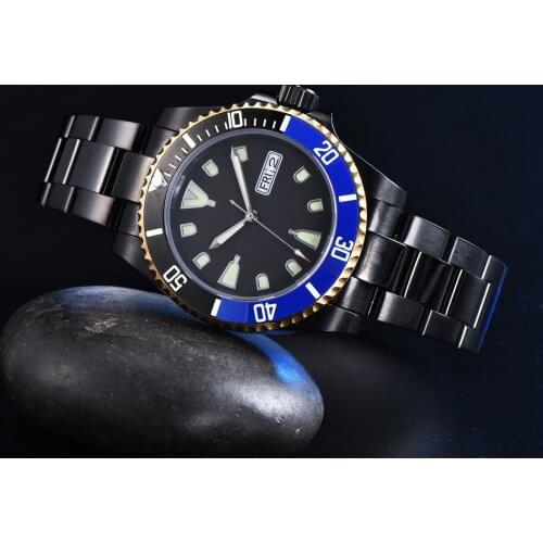 NH36A Movement Aseptic Black Surface Mens Automatic Mechanical Watch PVD Stainless Steel Case Blue Ceramic Ring Flat sapphire