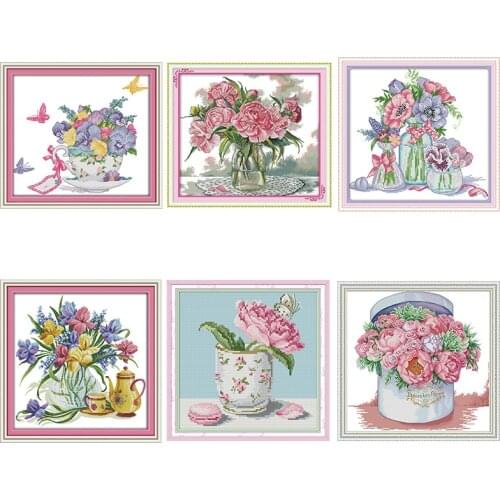 Flower and vase Series Cross Stitch Set Aida Cloth 14CT 11CT Count Cross-Stitch Kit DIY Embroider Needlework Home Decor Painting