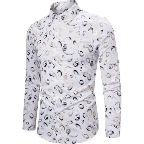 New casual mens long-sleeved shirt digital bronzing printing stretch shirt