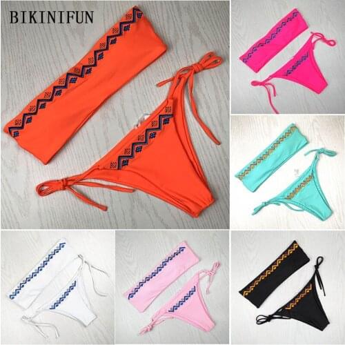 New Sexy Embroidery Solid BIkini Women Swimsuit Strapless Bathing Suit Strappy Bandage Bottom Swimwear S-XL Girl Bandeau Bikini