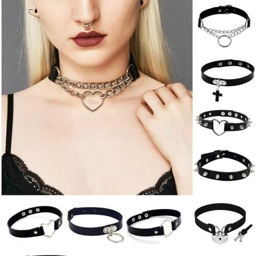 1PC Punk Rock Gothic PU Leather Necklace Heart Round Spike Rivet Collar Studded Choker Chain Necklace 100% Handmade Body Jewelry