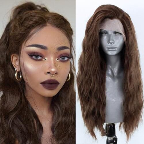 RONGDUOYI Long Water Wave Synthetic Lace Front Wig Glueless High Temperature Brown Hair Lace Wigs for Women Natural Hairline