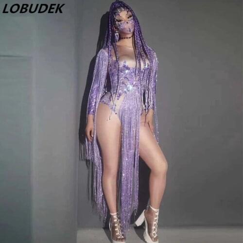 Sexy Purple Rhinestone Spandex Stretch Bodysuit Women Singer Dancer Party Show Leotard Stage Wear Latin Dance Costume