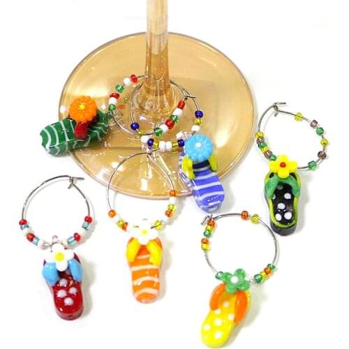 3Pcs Kawaii Style House Party Glass Pendant Colorful Art Slippers Charm Wine Glass Cup Ring Decorations Kitchen Bar Wine Markers