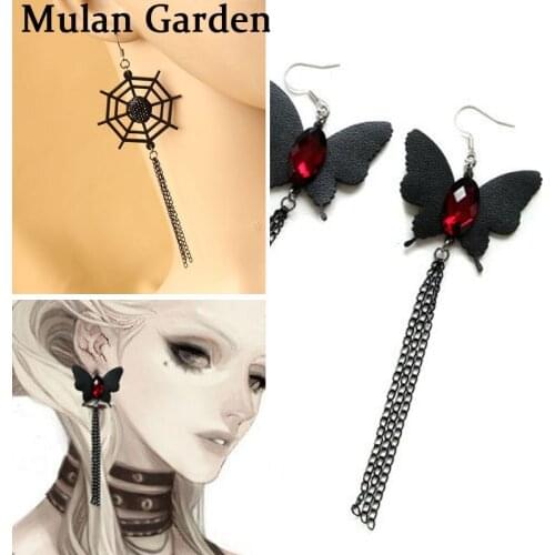 M&G New PU Rhinestone Halloween Earring Butterfly Rose Spider Web Chain Tassel Pendant Earrings Vintage Gothic Party Accessories