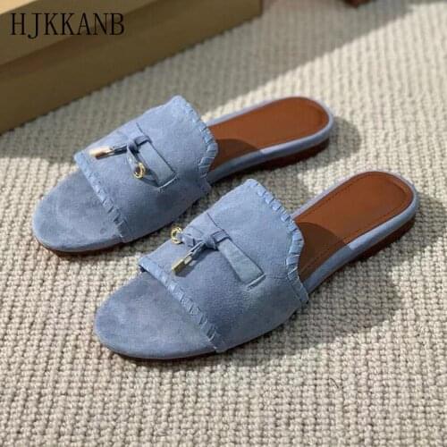 Comfort Flat Slippers Women Soft Suede Solid Color All-match Slides Round Metal Lock Decor Summer Essential Casual Shoes Mules
