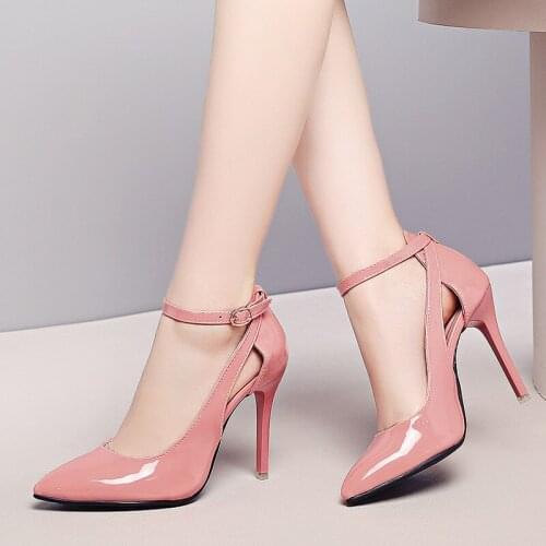 Sexy Pink High Heels Stiletto Women Pointed Toe Pumps Patent Leather Ankle Strap Shoes White Office Ladies Shoes Pink 43 44 45