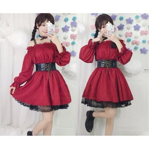 Gothic Dress Japanese Lolita High Waist Vintage Dress Full Sleeve Ruffle Off Shoulder Dresses Lace Kawaii Lolis B370