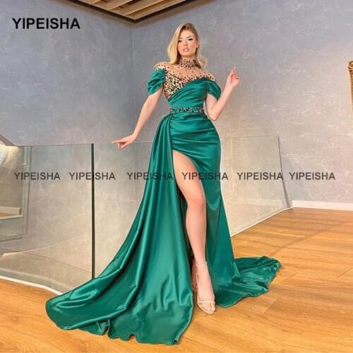 Yipeisha High Neckline Emerald Green Prom Dress Luxury Crystals Short Sleeves Side Slit Evening Gown Vestido de Festa Longo