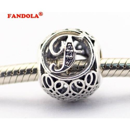 925 Sterling Silver Jewelry Fits Pandora Charms Bracelets Vintage F with Clear Cubic Zirconia Beads Free Shipping