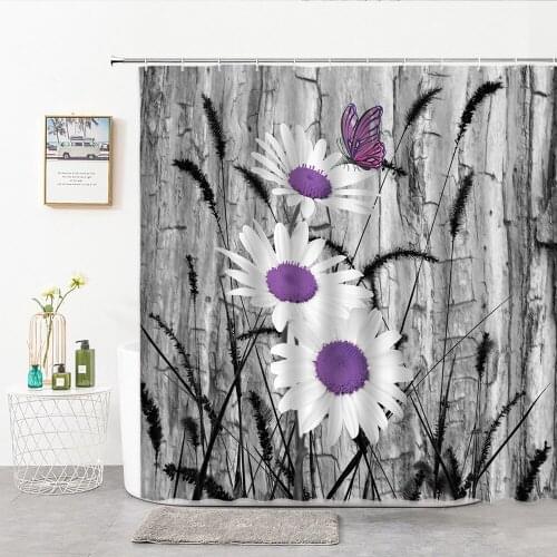 Gray Wood Grain Flower Shower Curtains Set Hook 3D Black And White Plant Bathroom Curtain Fabric Home Bath Decor Hanging Cloth