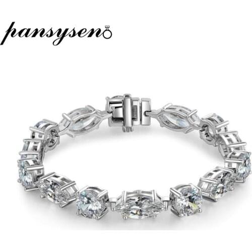 PANSYSEN 100% 925 Sterling Silver Created Moissanite Diamond Gemstone Charms Bracelet Wedding Engagement Fine Jewelry Wholesale
