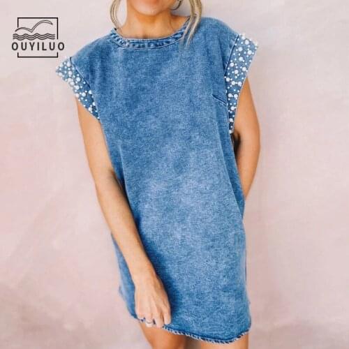 Beading Cuffs Denim Dress Women Sleeveless O-Neck Pullover Mini Loose Straight Dress Fashion Casual Spring Summer Blue Dresses