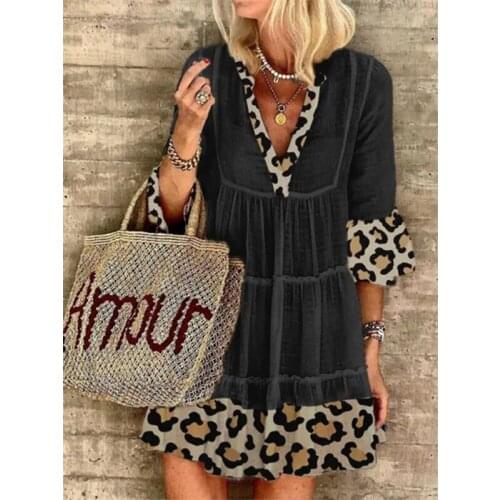 Womens Fashion Casual Loose V Neck Leopard Printing Stitching Short-Sleeved Dress Daily Commute Dresses 2021 Summer Hot Sale