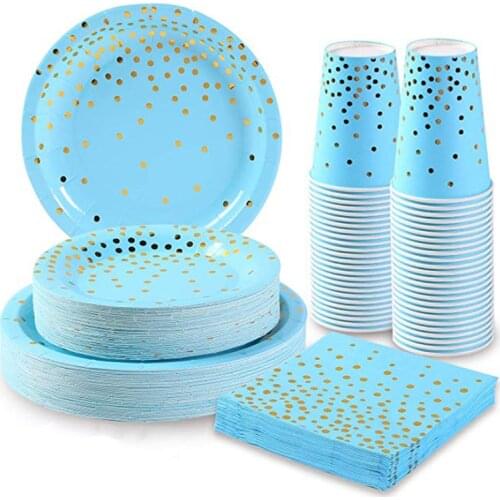 Birthday Wedding Bridal Gifts Tableware Supplies Blue Gold Dot Design Adult Elegant Disposable Drink Cup 10 Pieces Tableware Dec