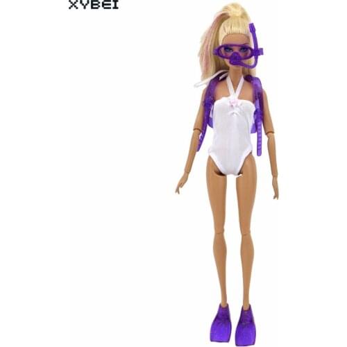2 Pcs = 1x Diving Equipment Plastic Oxygen Tank Glasses Feets + 1x White Swimsuit Clothes For Barbie Doll Accessories Bath Toy