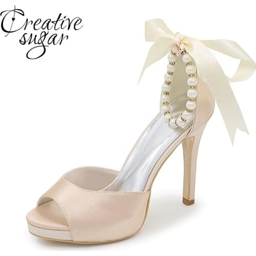 Creativesugar Pearl beads ankle strap ribbon bow open toe separate pumps lady satin evening dress shoes bridal wedding party