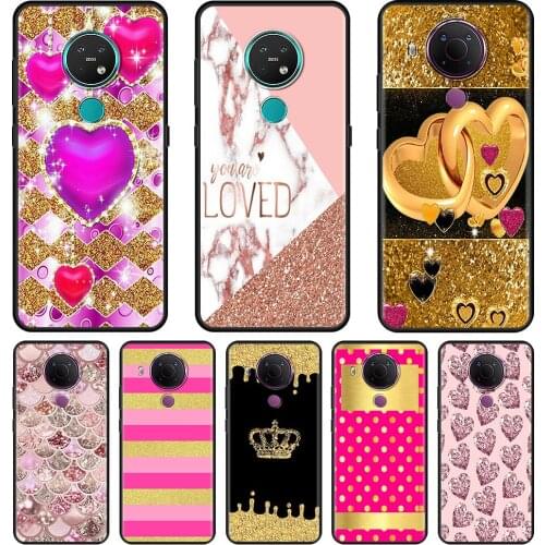 Gold Pink Rose Glitter Hearts Cell Phone Case for Nokia G10 7.2 5.3 3.4 8.3 5G 5.4 X10 2.3 2.4 C20 4.2 1.4 3.2 2.2 1.3 Cover