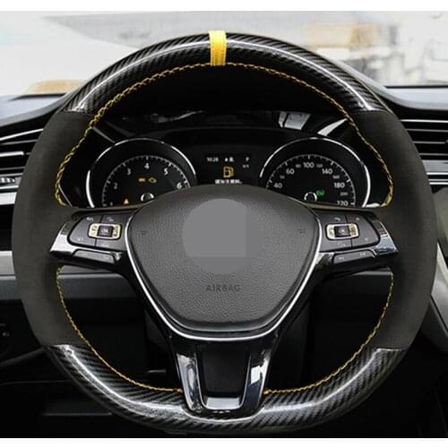 Car Steering Wheel Cover DIY Hand-Stitched Non-slip Black Genuine Leather Carbon Fiber Suede For Volkswagen Golf 7 Mk7 Passat B8