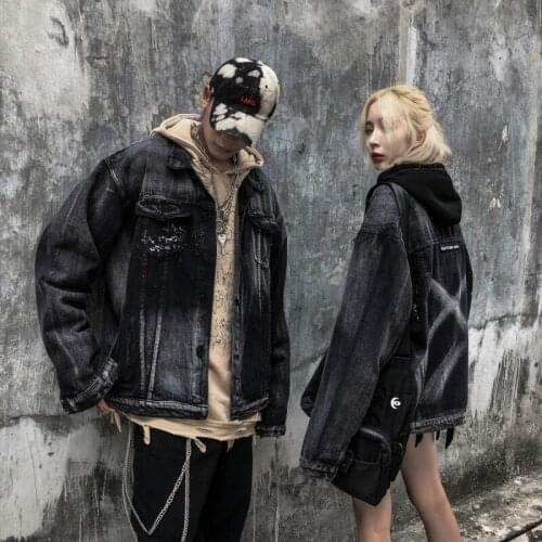 High Street Washed Distressed Black Denim Jacket Men and Women Hip Hop Streetwear Splash Ink Fashion Loose Jean Overcoats Tops