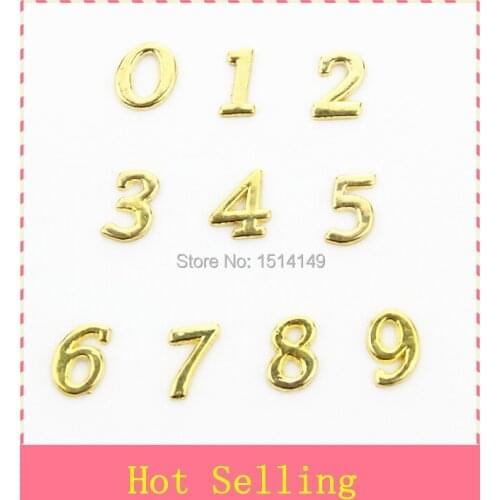 Hot selling gold number floating charms living glass floating lockets(1lot=10 number per 10pcs=100pcs)