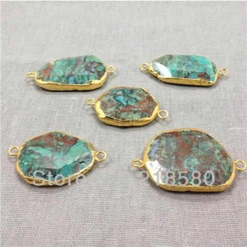 H-DP82 Free Form Blue Brown Created Ocean Jaspers Stone Pendant Charm with Gold Electroplated Trim