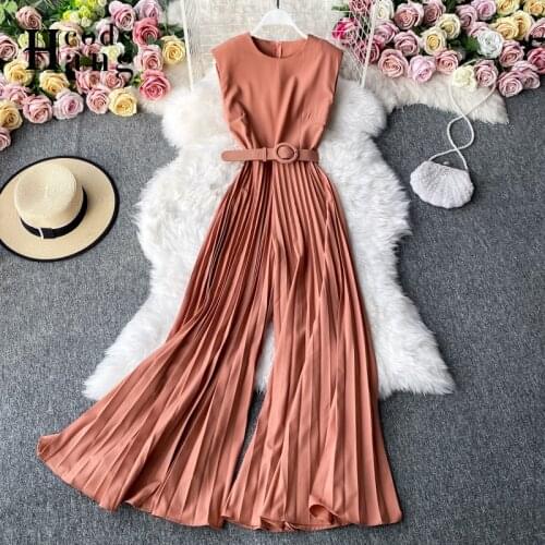 HangCode Brand Fashion Elegant Ladies Office Jumpsuits with Belt 2021 Summer Sleeveless Casual O-neck Long Wide Leg Overalls