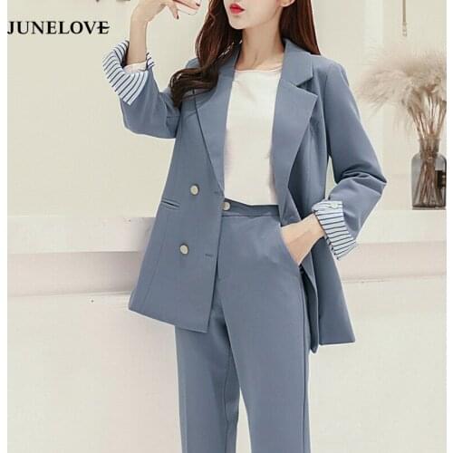 JuneLove women autumn double breasted blazer suit office lady elegant pants suit two piece set vintage female outwears bottoms