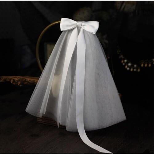 Simple Short Bridal Veil Soft Tulle Satin Ribbon Bowknot Wedding Veil with Hair Accessories for Bride Travel Photo Perform V664