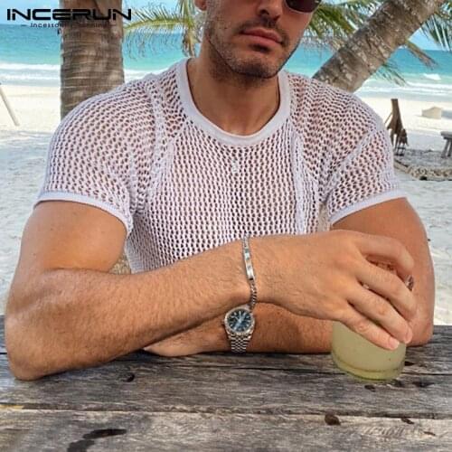 Fashion Tops 2021 American Style All-match Tees Handsome New Mens Sexy Leisure Short Hollow Short-sleeved T-shirt S-5XL INCERUN