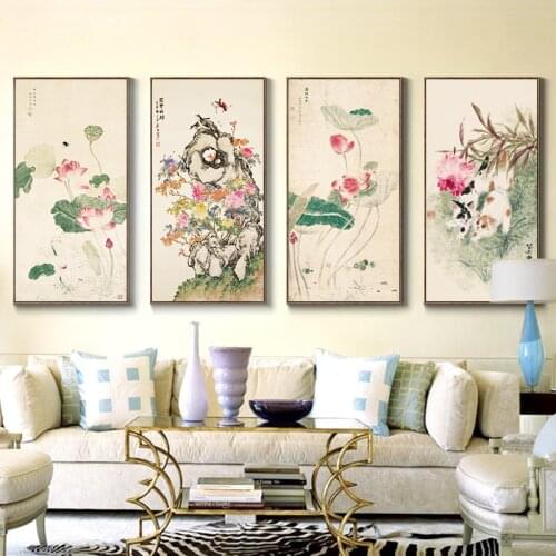 New Chinese Style Posters And Prints Folk Custom Canvas Painting Flowers Cat Wall Art Pictures For Living Room Modern Home Decor