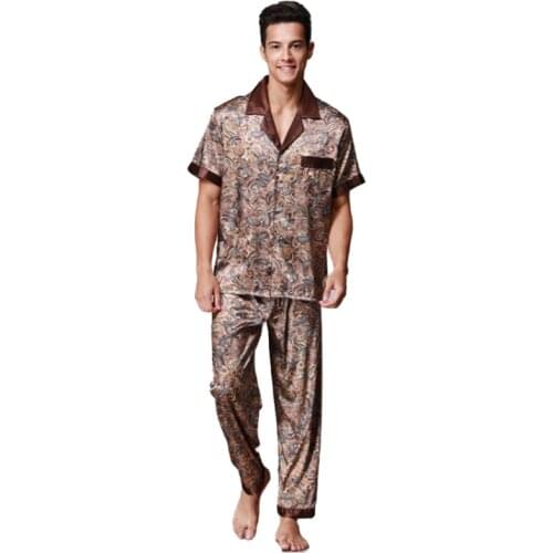 Mens Fake Silk Men Pajamas Sleepwear Summer Short Sleeve Silk Satin Nightwear Man Plus Size XXXL Paisley Pyjamas set Male