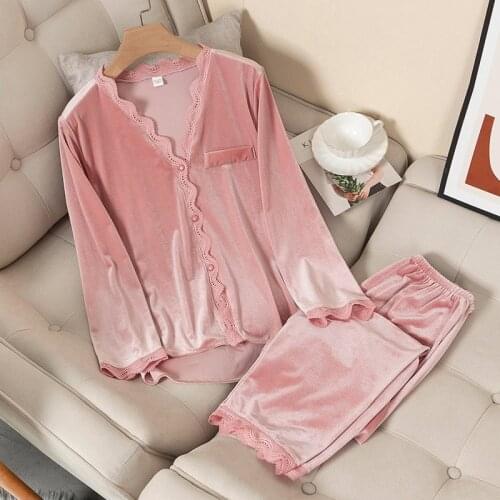 Autumn Winter NewVelour Pajamas Women Sleepwear Long Sleeve Casual Nightwear Pyjamas Suit Loose Home Clothes Lace Trim Sleep Set
