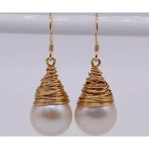 Bulb pearl earrings, natural white round pearls, DIY metal, gold earrings, ladies earrings, engagement jewelry