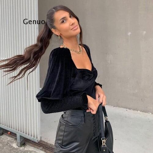 Chic Fashion Square Collar Velvet Top and Blouse Women Lantern Sleeve Sexy Black Top Blouses Elegant Vintage