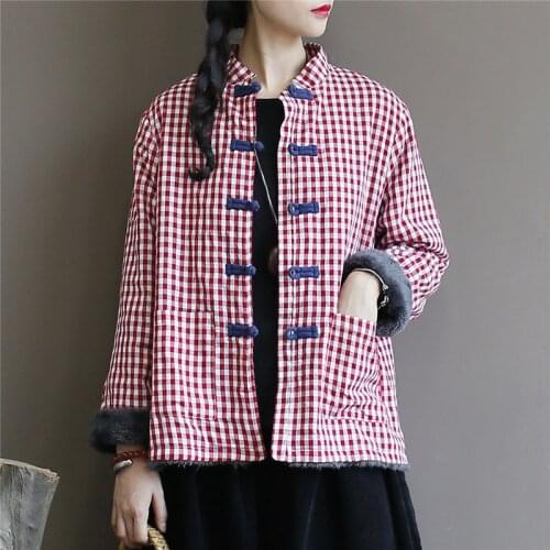 Thick Plaid Vintage Parkas For Women Stand Chinese Style Coats 2019 Winter New Button Fleece Women Cloths Cotton Warm Outerwear